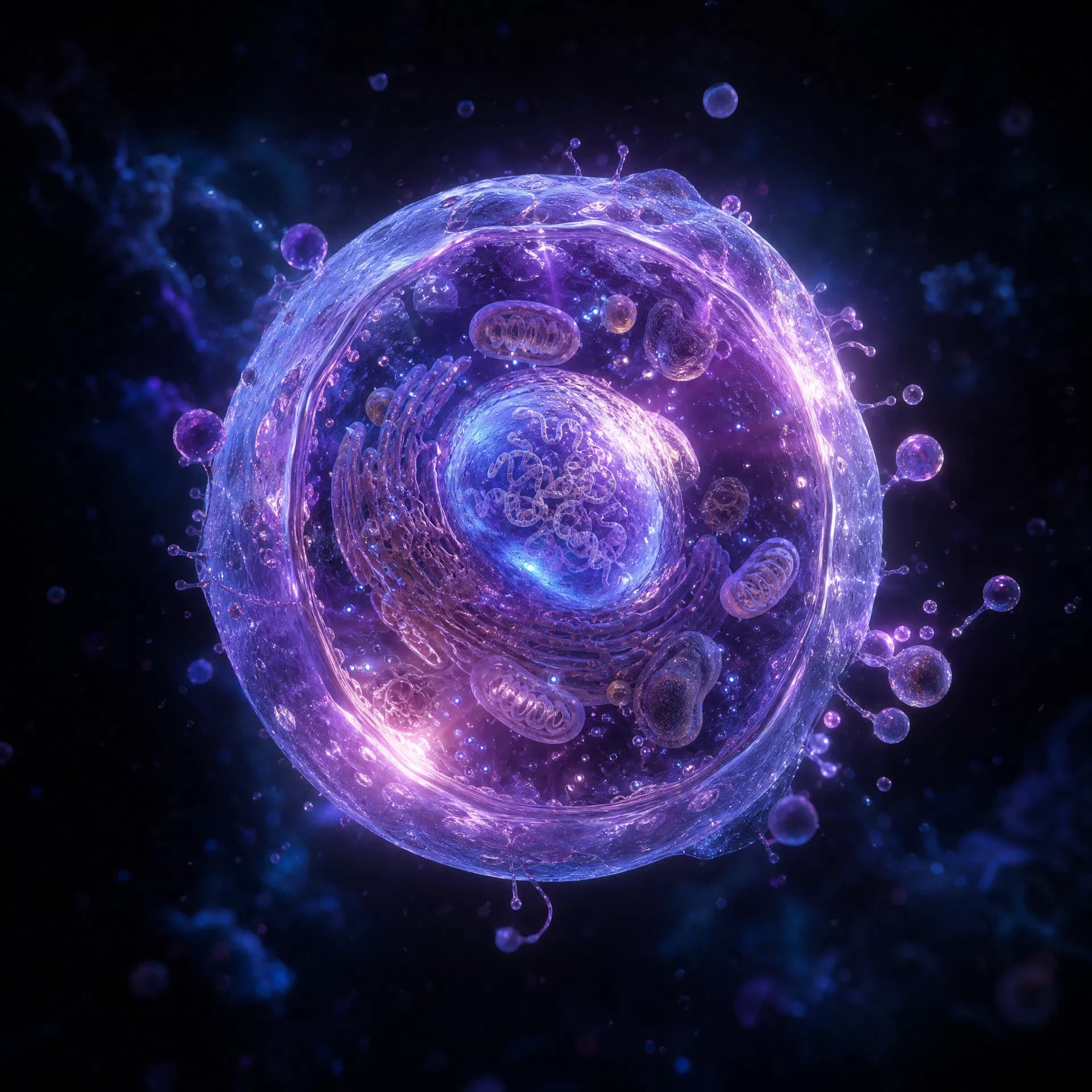 4K 3D biologic cell with visible organelles releasing extracellular vesicles